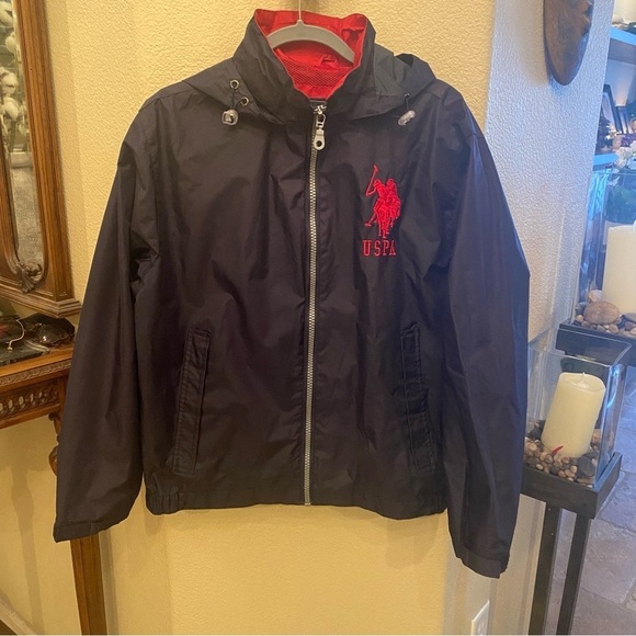 Vintage U.S. POLO ASSN. Navy Red Embroidery Zip Windbreaker Hoodie Jacket-Small - Picture 1 of 8